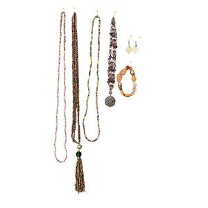 Beaded Jewelry Tassel Necklace Heart Earrings Stretch Bracelet 80/90's 6 pieces